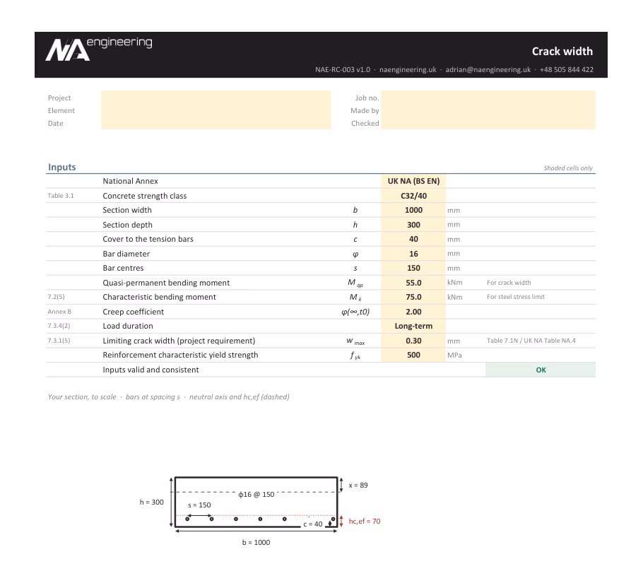 Crack width spreadsheet preview