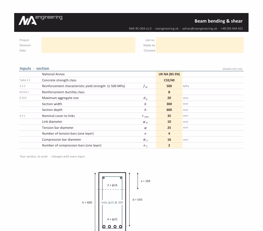 Beam bending & shear spreadsheet preview