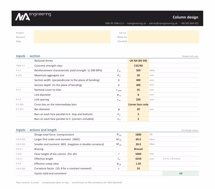 Column design spreadsheet preview