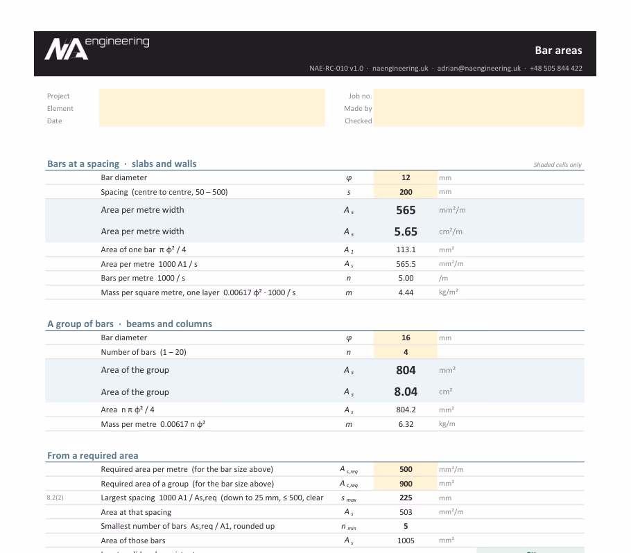 Bar areas spreadsheet preview