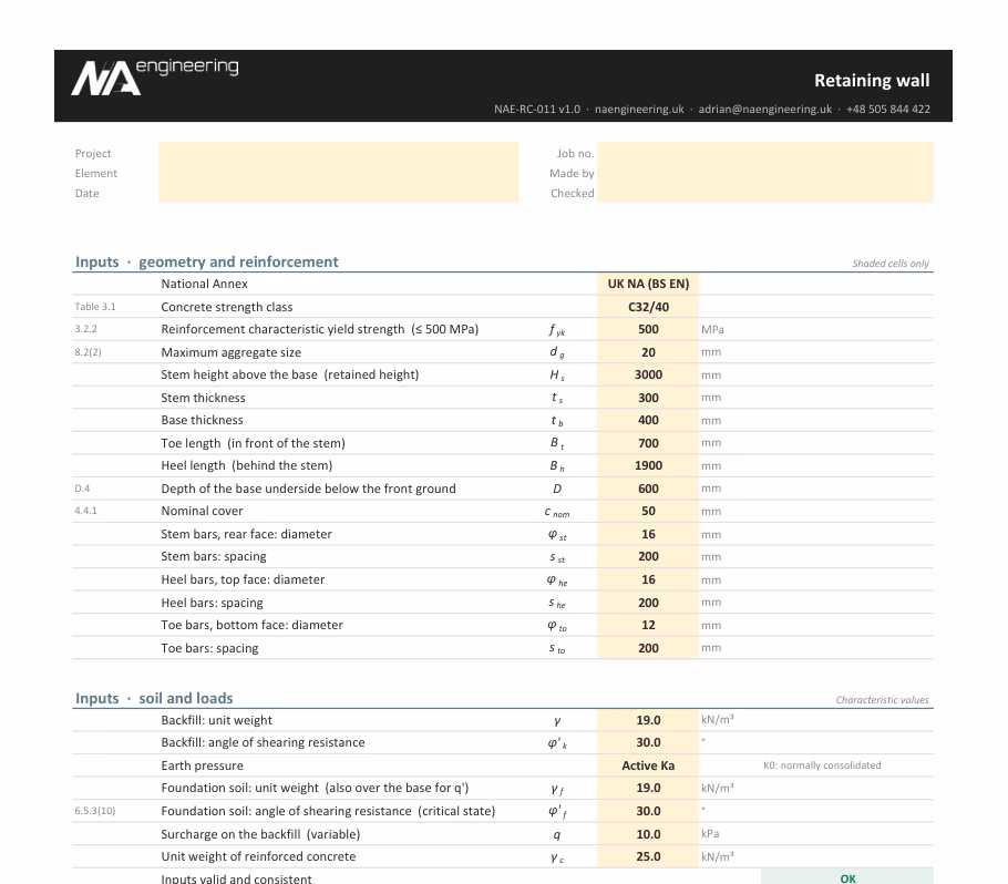 Retaining wall spreadsheet preview