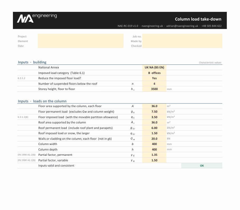 Column load take-down spreadsheet preview