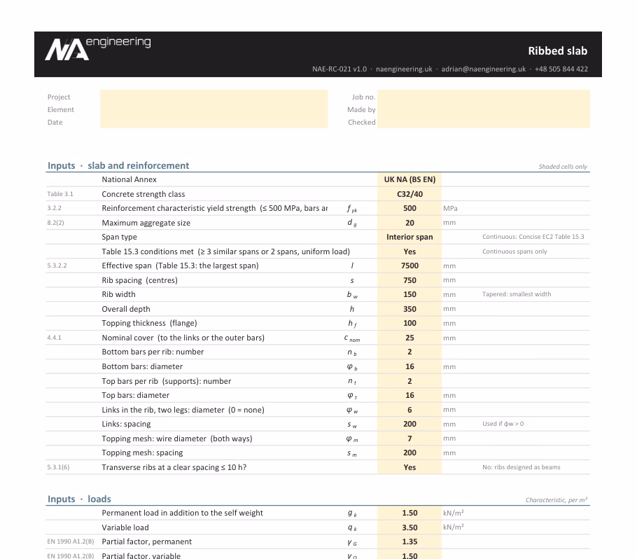 Ribbed slab spreadsheet preview