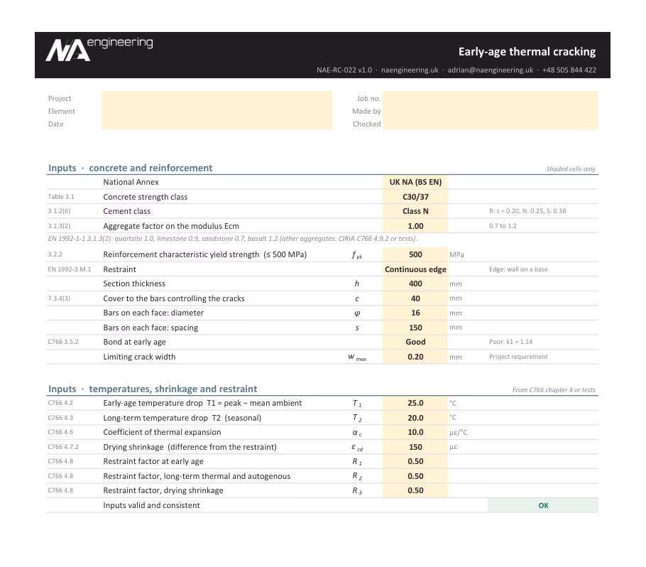 Early-age thermal cracking spreadsheet preview