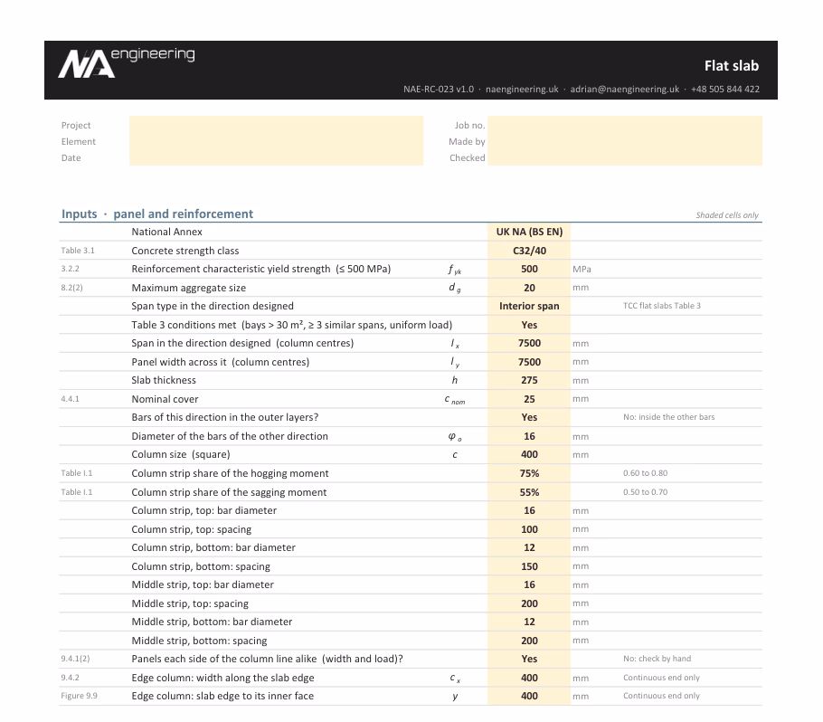 Flat slab spreadsheet preview