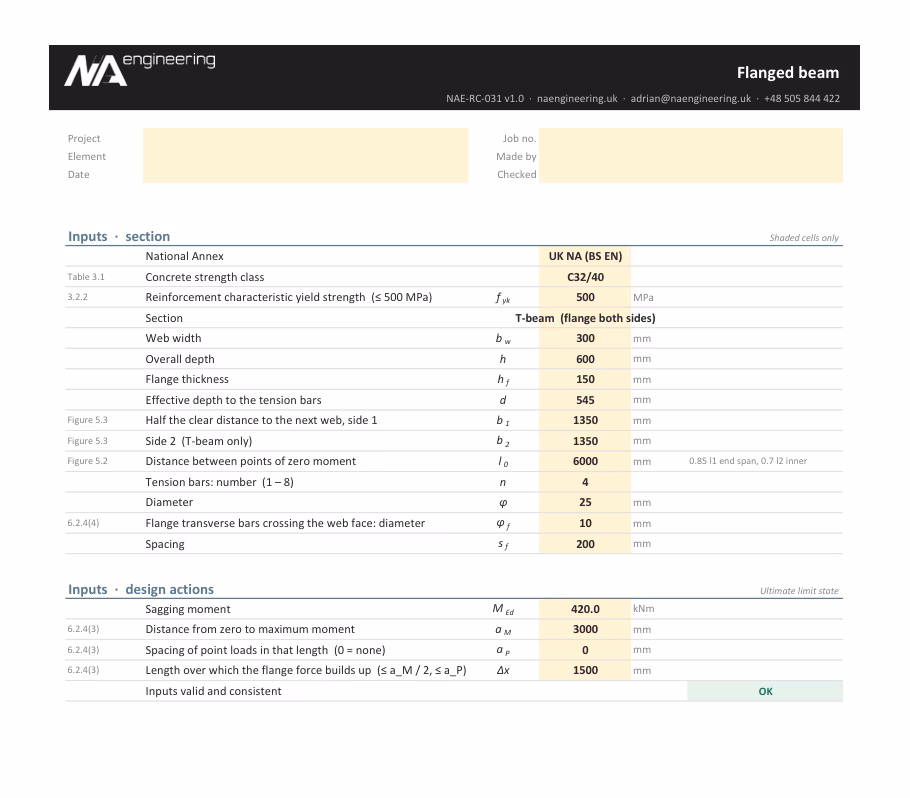 Flanged beam spreadsheet preview