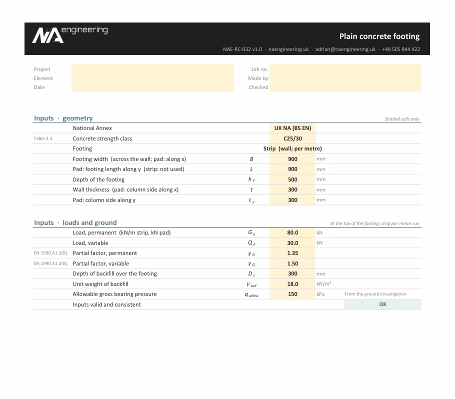 Plain concrete footing spreadsheet preview