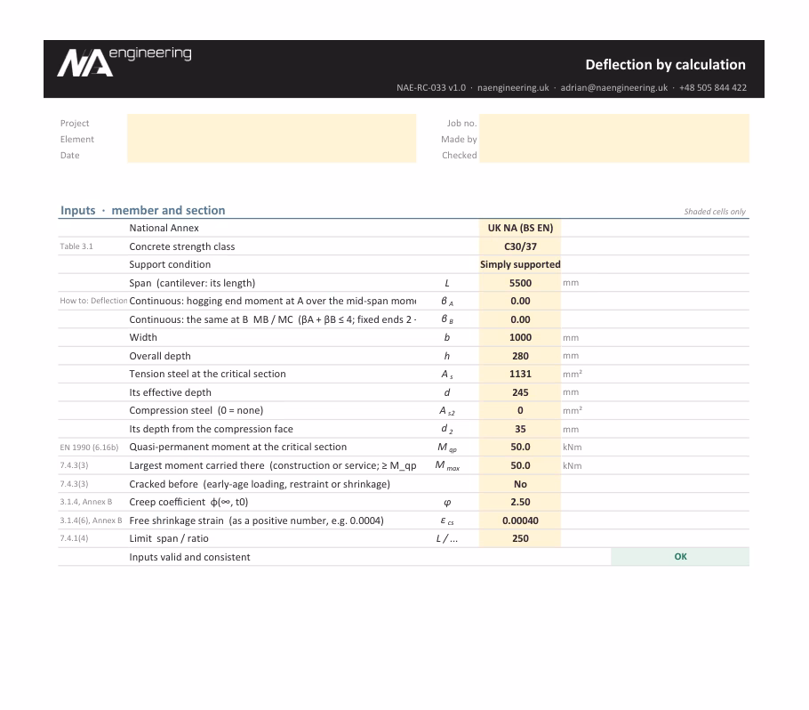 Deflection by calculation spreadsheet preview