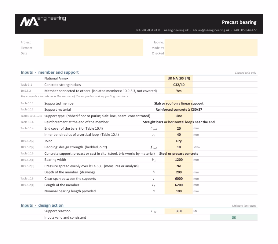 Precast bearing spreadsheet preview