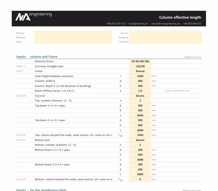 Column effective length spreadsheet preview