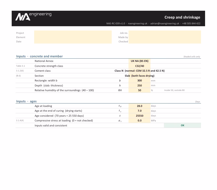 Creep and shrinkage spreadsheet preview