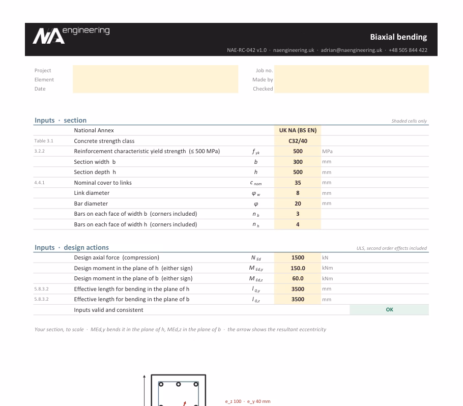 Biaxial bending spreadsheet preview