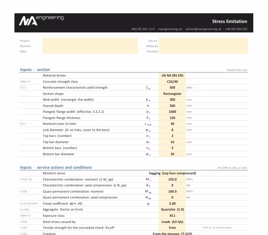 Stress limitation spreadsheet preview